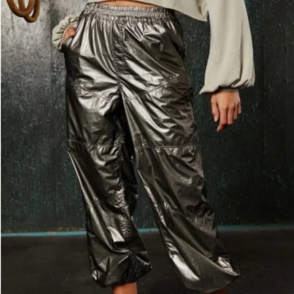 NWT Free People pewter metallic shine activewear track pants, S - Picture 3 of 14